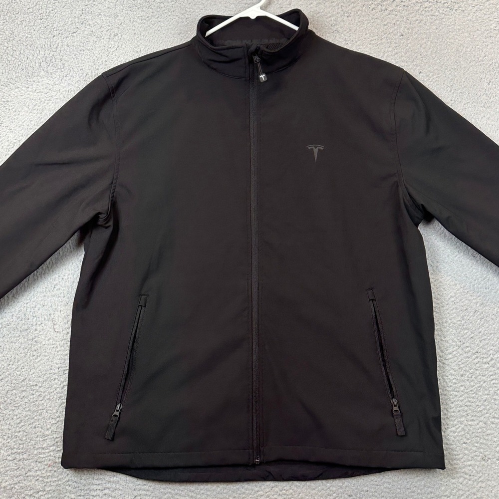 Tesla Jacket Mens 2XL Softshell Full Zip Black Spell Out Performance Stretch EUC